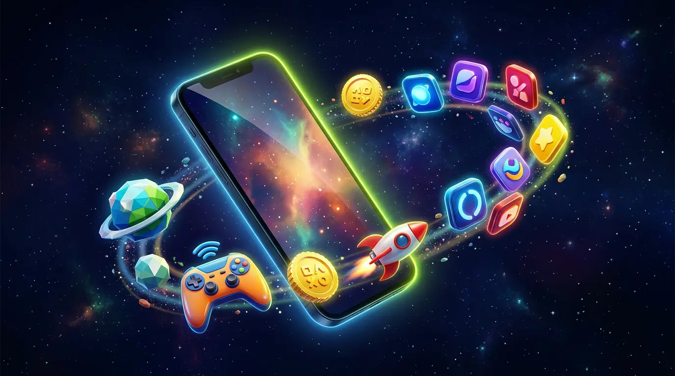 A smartphone orbited by game controllers, coins, a rocket and glowing app icons